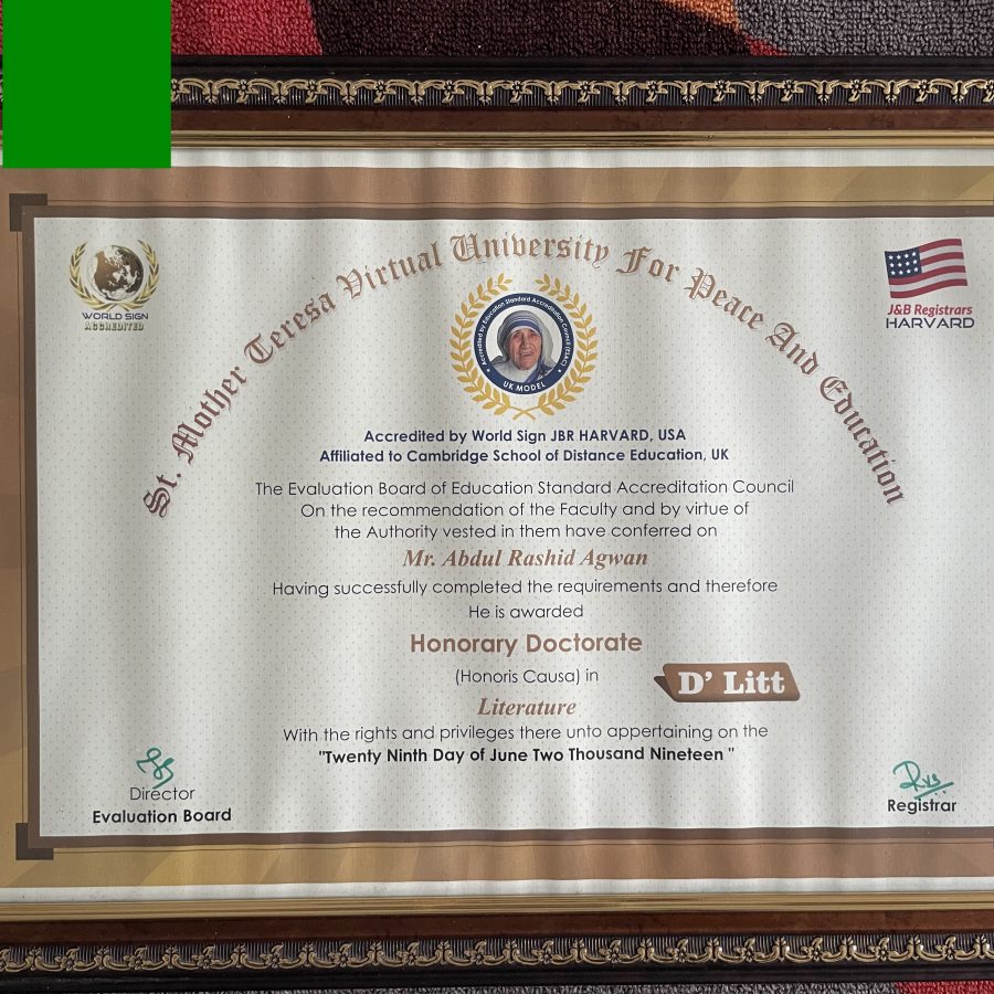 Honorary Doctorate - D Litt - by St. Mother Teresa Virtual University for Peace and Education