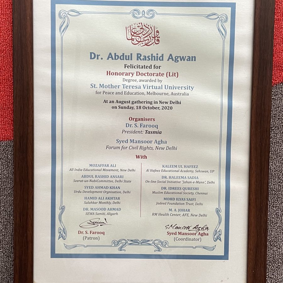 Felicitated for Honorary Doctorate (Lit) Degree Awarded by St. Mother Teresa Virtual University for Peace and Education, Melbourne, Australia